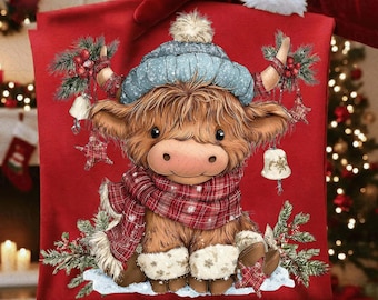 Retro Patchwork Crochet Highland Cow Png, Cow Christmas Png, Howdy Christmas Png, Christmas Crochet Png, Western Girly Xmas Png