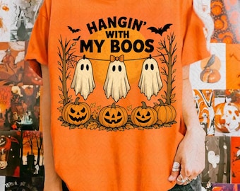 Funny Hanging Ghosts Halloween PNG, Hangin’ With My Boos Shirt Design, Halloween Ghost Png, Cute Pumpkin Bat Halloween Sublimation