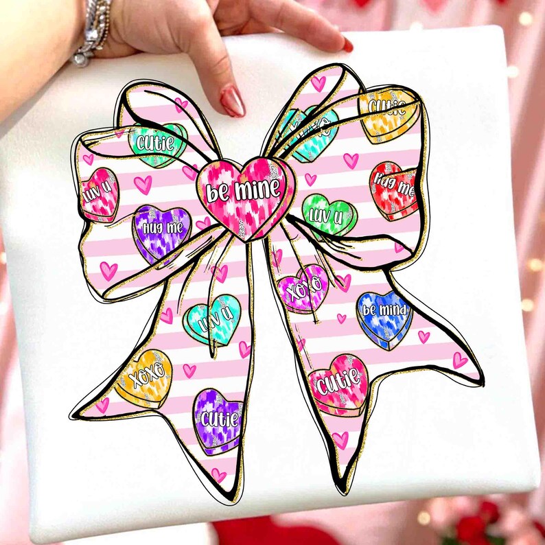 Be Mine Valentine Coquette Png, Conversation Candy Heart Bow Sublimation, Design per maglietta di San Valentino con pennellata rosa, XoXo Png immagine 2
