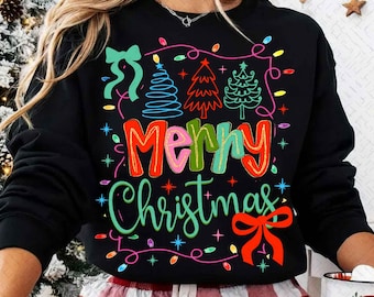Sublimacja świątecznej kokietki Png, Preppy Wesołych Świąt Png, Wesołych i jasnych png, Koszula świąteczna Png, Xmas png, Choinka z kokardą Png
