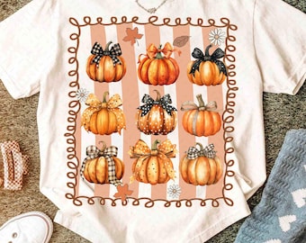 Fall Bow Pumpkin PNG Sublimation, Cute Coquette Autumn Png, Gingham and Polka Dot Pumpkin Shirt Design for Fall, Cozy Vibes png, Pumpkin png