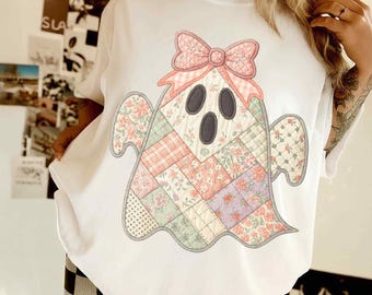 Patchwork Ghost Png, Preppy Pink Ghost png, Ditsy Floral Halloween Coquette png, Floral Spooky Season png, Boo Ghost Lace Png, Cozy Fall Png