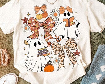 Ghost Books Halloween PNG, Floral Fall Halloween Ghost Png, Boho Pumpkin Coquette Png, Teacher Ghost Reading Books, Leopard Pumpkin Bow Png