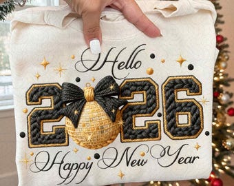 Faux Yarn Happy New Year 2026 Png, Glitter New Years Png, Black And Gold Glitter New Year Crochet Yarn Png, Cheers New Years Png, Disco Ball
