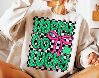 Happy Go Lucky Png, St Patricks Day Png, Lucky Png, Checkered Letters Png, Shamrock Png, St Pattys Design, Retro St Patricks Png, Trendy Png