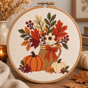 Op de afbeelding: Een ronde houten borduurring met een kruissteekpatroon van een beige kan gevuld met herfstbladeren, waaronder oranje, rode en groene bladeren, bessen, een witte bloem, en een oranje pompoen en een witte pompoen aan de onderkant.