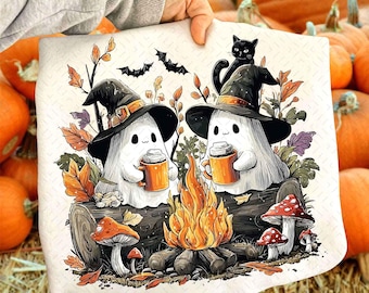 Retro Cute Ghost Halloween Png, Fall Camping Boo Ghosts Png, Autumn Floral Png, Spooky Season Png, Cozy Camping Halloween Png, Campfire Png