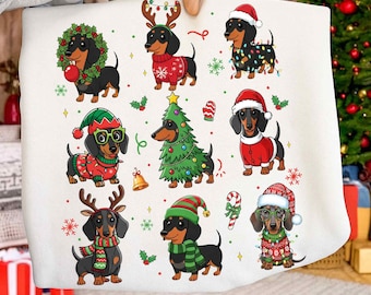 面白いクリスマスのダックスフント犬PNG、かわいいホリデー子犬クリップアート、メリークリスマスペット愛好家デザイン、お祝いのソーセージ犬昇華PNG