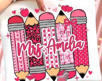 Personalize Teacher Valentine Coquette Bow Pencil PNG, Custom Valentine Teacher PNG, Cute Teacher Gift PNG, Leopard Print Valentine Design