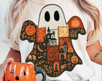 Patchwork Ghost PNG, Halloween Vintage Quilt Ghost Sublimation, Cozy Spooky Fall Shirt Design, Retro Halloween Ghost PNG, Trendy Ghost PNG