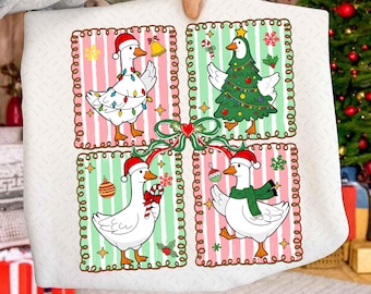 Preppy Christmas Goose PNG, Zabawny projekt koszulki z gęsią świąteczną, Urocza świąteczna gęś sublimowana, Sweter świąteczny ze zwierzątkiem, Gęś reniferowa PNG