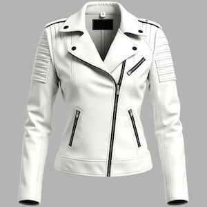 White Real Leather Jacket Women Biker Moto Quilted Sleeves Zip Front Fitted Outerwear Fall Winter Fashion gift for her gift for women