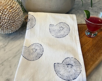 Hand Stamped Nautical Shell Tea Towel: Blue Cotton Kitchen Decor