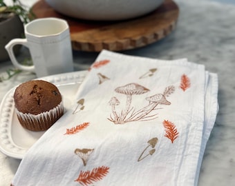 Mushroom Hand Stamped Cotton Tea Towel: Kitchen Decor