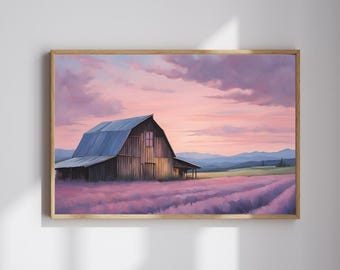 Stampa digitale Lavender Barn - Tranquil Purple Field Artwork - Moderna arte murale rustica da fattoria - Download immediato - Arte murale alla moda - Vibes