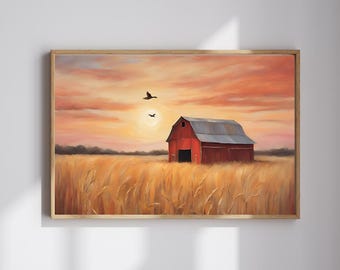 Pittura di un fienile rosso al tramonto, stampa digitale - Paesaggio caldo e dorato del campo di grano - Arte murale rustica della fattoria - Download immediato - Decorazione della casa