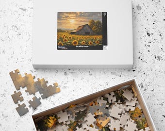 Puzzle del granaio dei girasoli - Puzzle avanzato divertente e stimolante della fattoria - Scena del tramonto rustico in campagna per rompicapo esperti