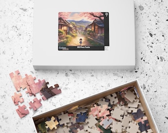 Puzzle anime Cherry Blossom Village - Puzzle di campagna giapponese tranquilla - Arte primaverile di Sakura panoramica - Regalo per amanti degli anime e della natura