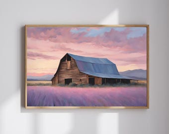 Stampa digitale Lavender Sunset Barn - Serene Purple Fields - Arte murale rustica da fattoria - Download immediato - Arte murale alla moda