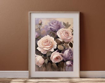 Romantica arte murale con rose di lavanda - Stampa floreale di ispirazione vintage - Download digitale viola tenue e beige - Decorazione di campagna francese