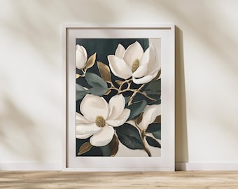 Arte murale vintage Magnolia - Stampa digitale botanica minimalista - Decorazione floreale neutra oro e verde per casa o ufficio - Download immediato