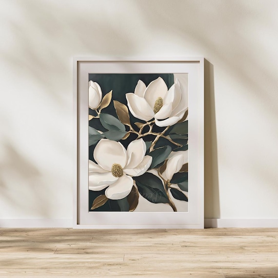 Vintage Magnolia Wall Art - Minimalist Botanical Digital Print - Neutral Gold and Green Flower Decor for Home or Office - Instant Download