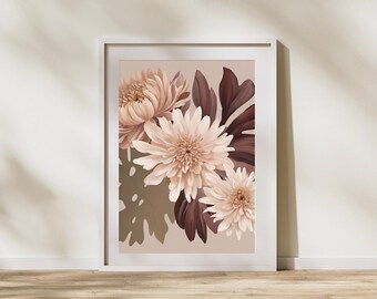 Arte murale con crisantemo neutro - Stampa floreale beige e marrone - Download digitale botanico vintage - Decorazione rustica da fattoria boho