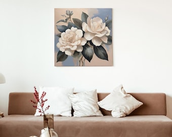Arte murale botanica con gardenia color crema - Elegante stampa digitale floreale bianca - Estetica blu e beige tenui - Decorazione minimalista moderna