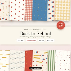 May include: A collection of 12 seamless digital papers featuring school-themed patterns including red apples, yellow rulers, blue books, stars, gingham, stripes, and polka dots. The text reads Back to School, 12 x 12 in, 3600 x 3600 px, 300 DPI, JPG + PNG.