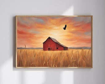 Stampa digitale Sunset Red Barn - Paesaggio caldo del campo di grano - Arte murale rustica della fattoria - Download immediato - Arte murale alla moda - Barn Art