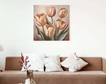 Elegante arte murale con tulipano pesca - Stampa floreale botanica vintage - Download digitale beige e rosa - Decorazione minimalista per la stanza in stile fattoria