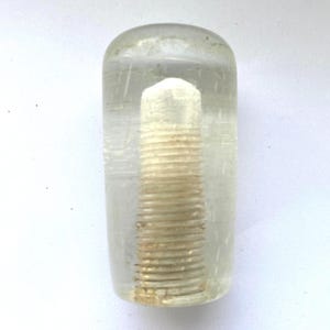 May include: A clear, cylindrical object with a rounded top, encasing a beige, threaded rod. The object appears to be made of a transparent material, possibly resin or glass, and is set against a white background.