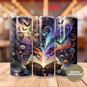 Mystical Fantasy Floral Book Bookshelf Tumbler Wrap, 20 oz Skinny Tumbler Sublimation Design Instant Digital Download, Straight Tumbler Wrap