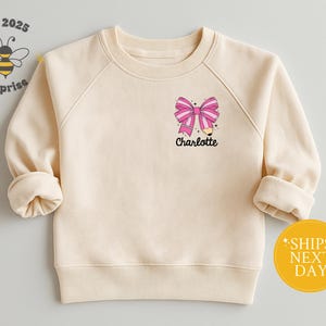 Personalized Coquette Pink Bow Back to School Girl Sweatshirt – Custom Name Crewneck – Cute Pencil Bow First Day Shirt