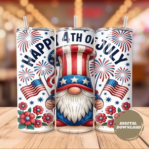 Gnomes Happy 4th of July Patriotic Tumbler Wrap, 20 oz Skinny Tumbler Sublimation Design, Instant Digital Download, Straight Tumbler Wrap