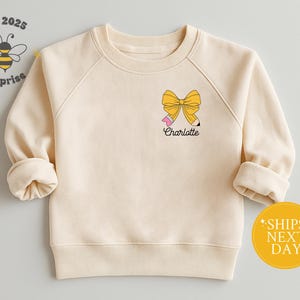 Coquette Bow Back To School Sweatshirt for Girls - Personalized Name Pullover - Cute First Day Outfit