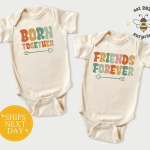 Born Together Friends Forever Twin Baby Bodysuit Set - Pastel Retro Matching Onesie® Gift for Twins
