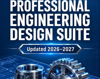 Peut inclure: Un graphique bleu avec le texte PROFESSIONAL ENGINEERING DESIGN SUITE Updated 2026-2027. L'image montre une base mécanique métallique et un engrenage posés sur un fond de plan technique avec des dessins au trait blanc de pièces mécaniques.