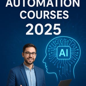 May include: Image promoting AI and automation courses. A man in a blue blazer and glasses holds a laptop, smiling. The text "LEARN AI AND AUTOMATION COURSES 2025" is displayed above him. A glowing blue outline of a head with an AI circuit board design is on the right.