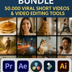 Pode incluir: Imagem promocional para um pacote de edição de vídeo. A imagem apresenta o texto "VIDEO EDITING BUNDLE" e "50.000 VIRAL SHORT VIDEOS & VIDEO EDITING TOOLS". Também inclui várias imagens e ícones de software de edição de vídeo.