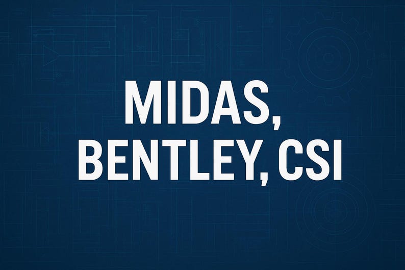 Puede incluir: Fondo azul oscuro con un patr&oacute;n de cuadr&iacute;cula y el texto blanco "MIDAS, BENTLEY, CSI". El texto est&aacute; en negrita y sin serifa.