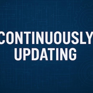 Puede incluir: Un fondo azul oscuro con un dise&ntilde;o de plano y las palabras "CONTINUOUSLY UPDATING" en una fuente grande, blanca y sans-serif. Un gr&aacute;fico de engranaje est&aacute; en la esquina superior derecha.