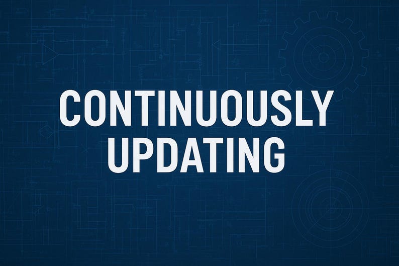 Puede incluir: Un fondo azul oscuro con un dise&ntilde;o de plano y las palabras "CONTINUOUSLY UPDATING" en una fuente grande, blanca y sans-serif. Un gr&aacute;fico de engranaje est&aacute; en la esquina superior derecha.