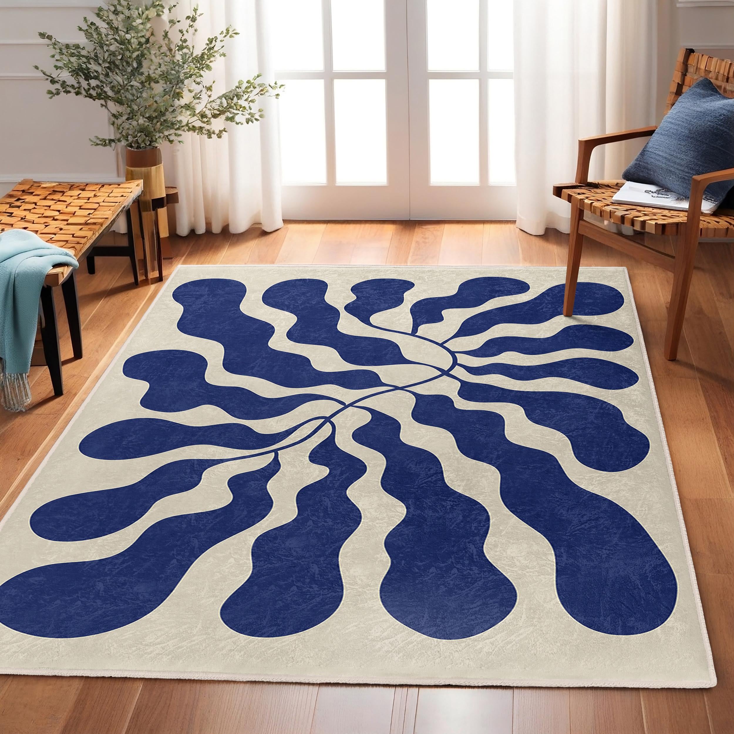 Blue Abstract Ripple Area Rug-vintage Wave Motif Mat-contemporary