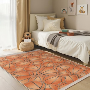 Basketball Design Kids Room Rug-Ball Pattern Nursery Carpet-Orange Child Room Rug-Playful Baby Room Rug-Anti-Slip Toodler Mat-Unique Playmat