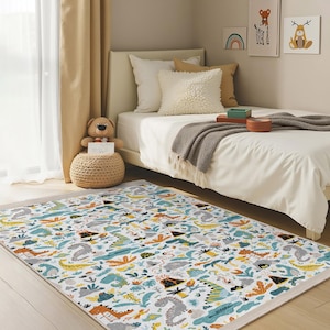 Dinosaur Adventure Nursery Carpet-Jungle Dinosaur Tails Nursery Rug-Colorful Dino Playmat-Prehistoric Kids Room Carpet-Anti Slip Toddler Mat
