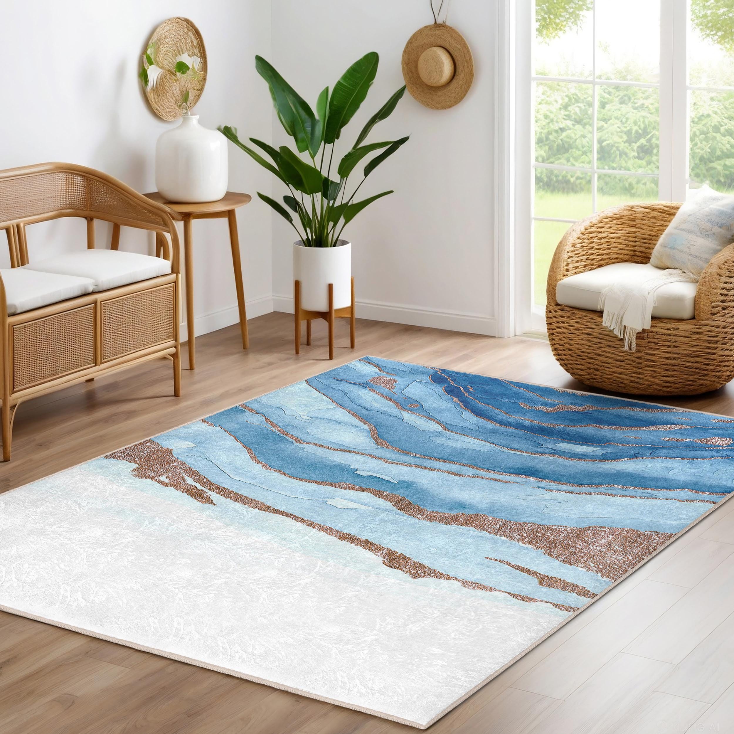 Blue Wave Design Area Rug-bronze Streaks Accent Carpet-white Beach ...