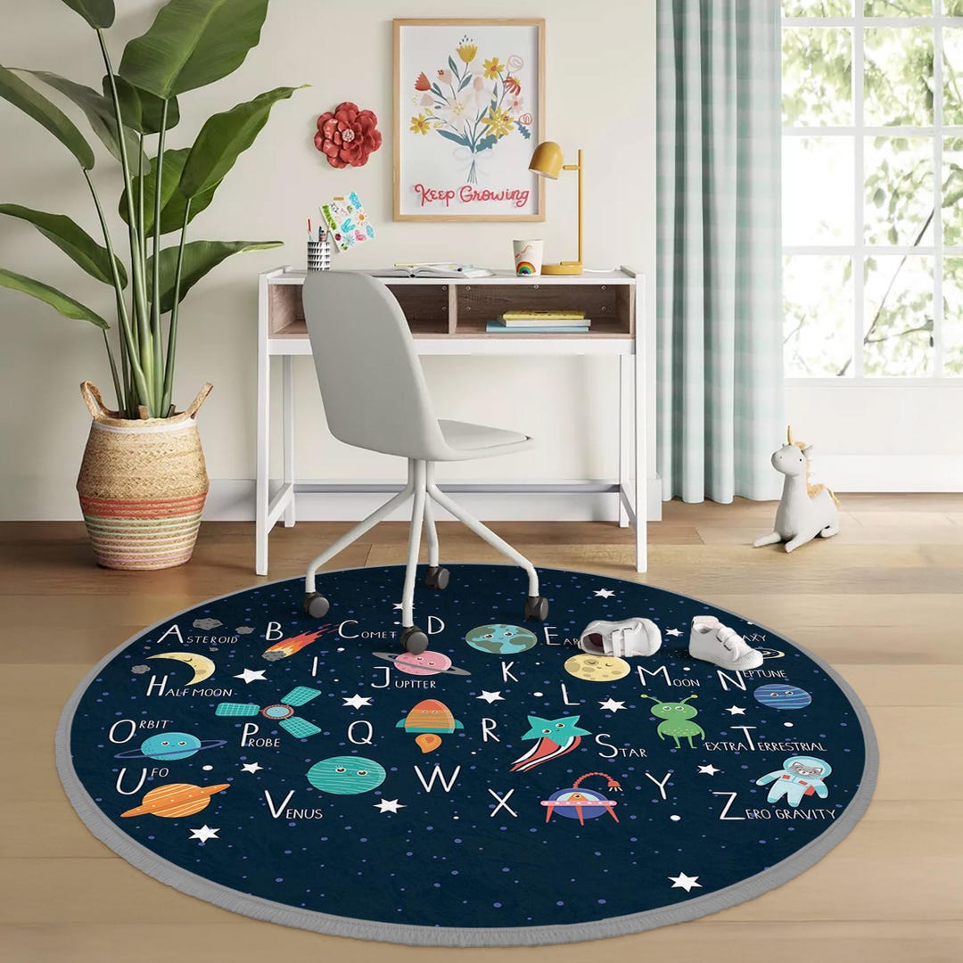 Space Reading Rug Alphabet Space Adventure Kids Room Round Rug-celestial Planets Stars ...