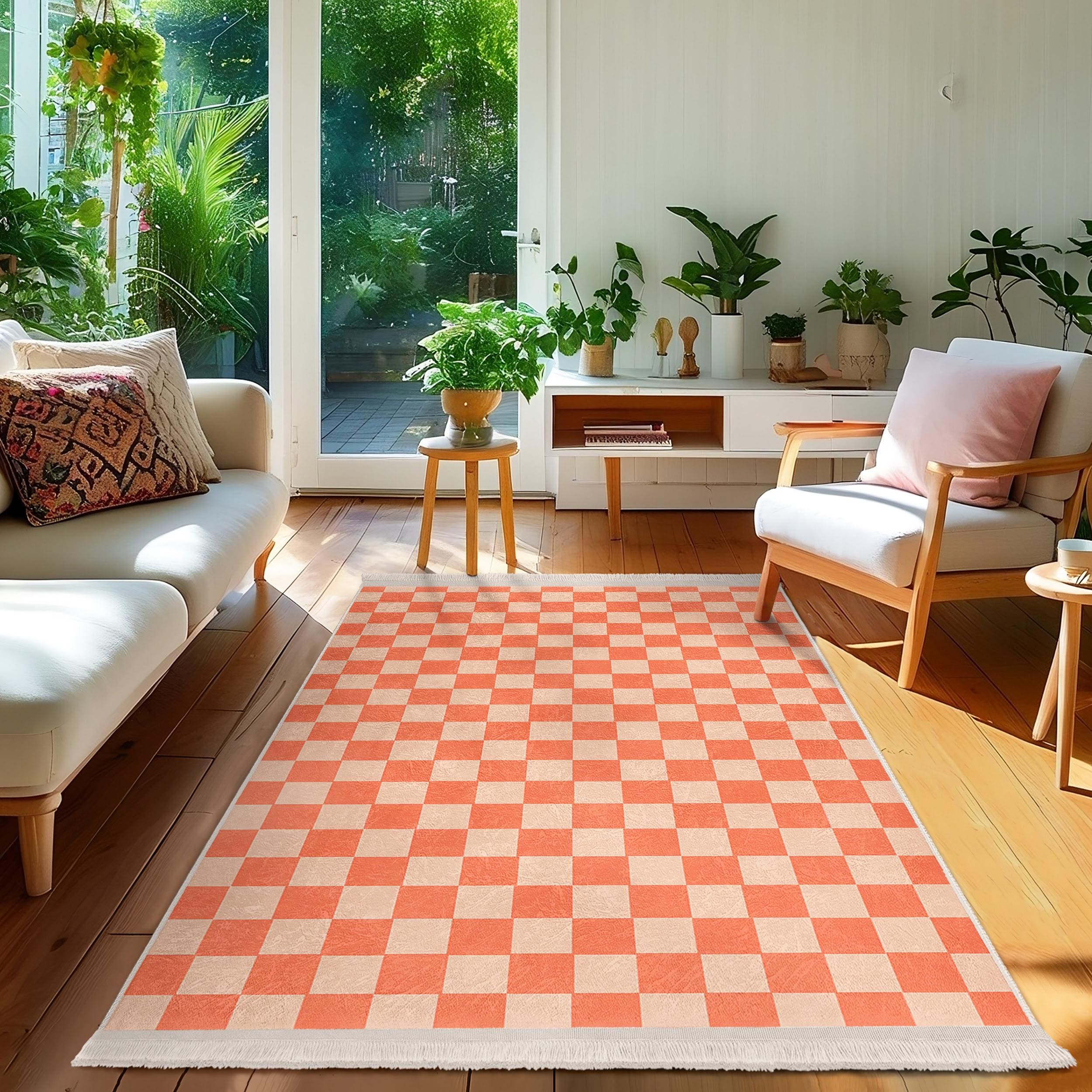 Orange Checkered Area Rug-beige Square Design Mat-orange Non Slip ...