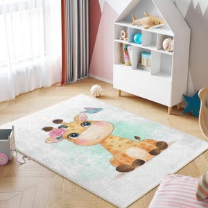 Cute Giraffe Nursery Carpet-Cartoon Animal Nursery Carpet-Whimsical Giraffe Baby Room Rug-Adorable Kids Playmat-Sweet Butterfly Toddler Rug